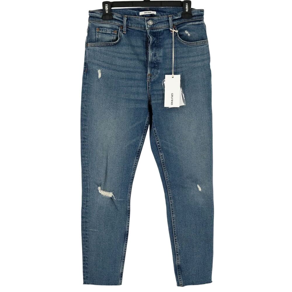Grlfrnd Jeans Womens 30 Waist Karolina Button Fly Raw Hem Blue Stretch Denim New